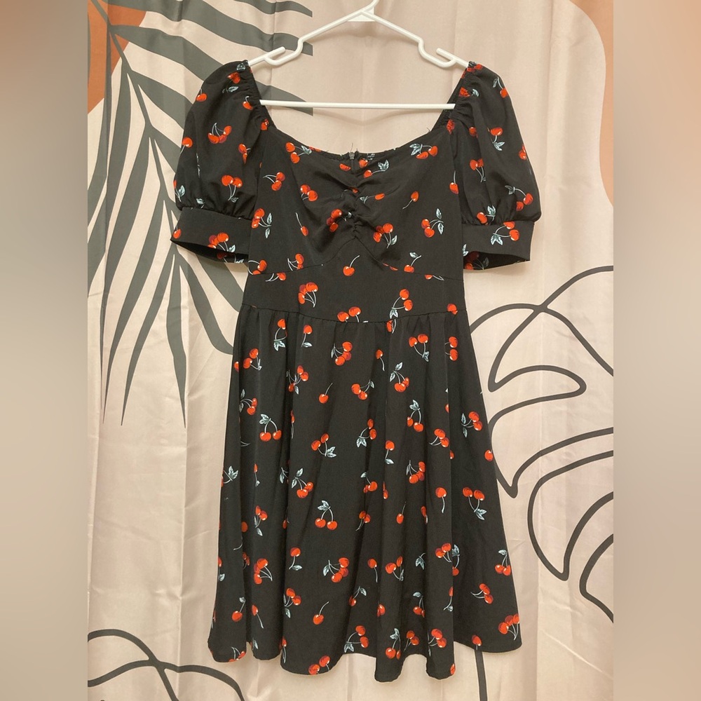 Black Mini Dress With Cherry Print - Picture 2 of 4